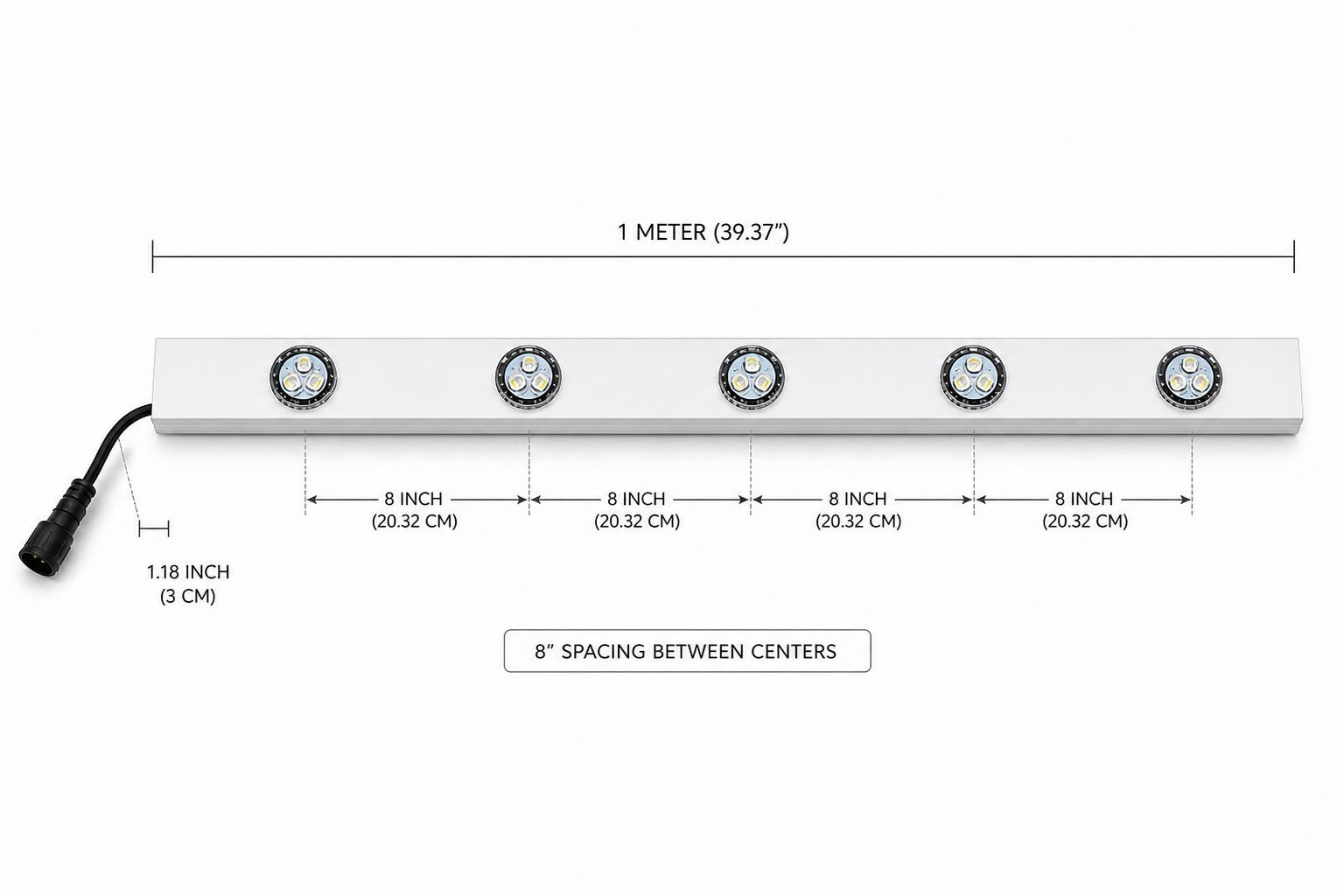 1 meter light bar with 8 inch LED spacing dimensions
